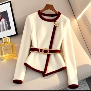 White Jacket Women Design Irregular Coat Autumn Winter Chic Diamond Belt Cardiga